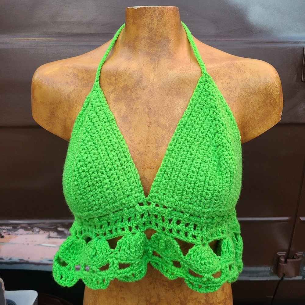 Lime Green y2k 90s crochet handmade crop top bikini bralette s-m